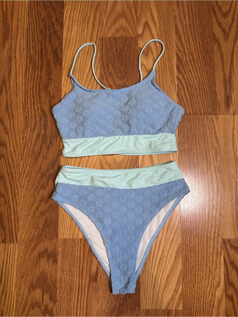 Pastel Blue Textured Floral Bikini Set | Size Small